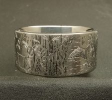 Deer in the forest, Duck and Bass in a cattail lake setting on a 14mm 2 line titanium duck band