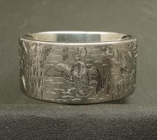 Deer in the forest, Duck and Bass in a cattail lake setting on a 14mm 2 line titanium duck band