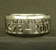 Beveled edge 2 line titanium ring with clients 2 bird dogs a locked up duck and an airboat in the proper setting