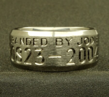 Beveled edge 2 line titanium ring with clients 2 bird dogs a locked up duck and an airboat in the proper setting