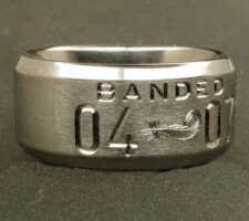 Beveled edge 2 line duck band with double mallard feather dash and a wood duck bust on the back side