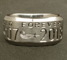 Beveled edge 2 line duck band with double mallard feather dash and a wood duck bust on the back side