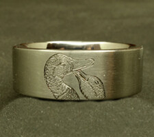 2 line titanium duck band with duck call dash and pair of nuzzling mallard heads