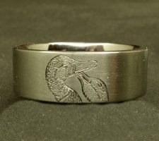 2 line titanium duck band with duck call dash and pair of nuzzling mallard heads