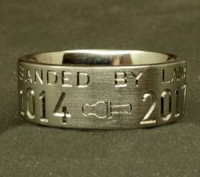 2 line titanium duck band with duck call dash and pair of nuzzling mallard heads