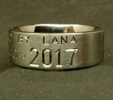 2 line titanium duck band with duck call dash and pair of nuzzling mallard heads