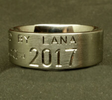 2 line titanium duck band with duck call dash and pair of nuzzling mallard heads